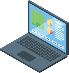 Colorful isometric illustration of a laptop displaying charts and data analysis on screen