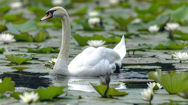   A pristine swan glides on the serene surface of a tranquil lagoon, enveloped by an array of vibrant lily pads and aquatic fol