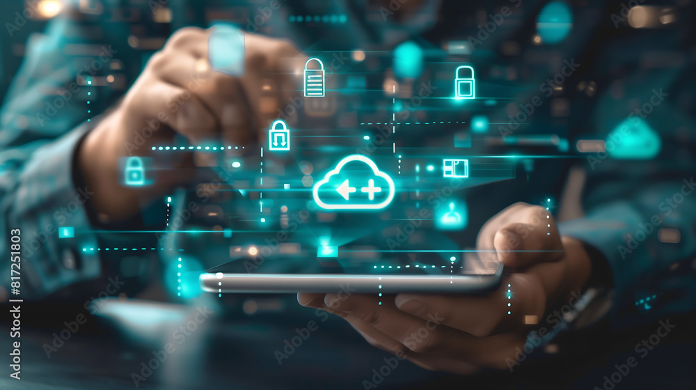Poster businessman using smartphone and cloud technology icon on virtual screen in data center room concept
