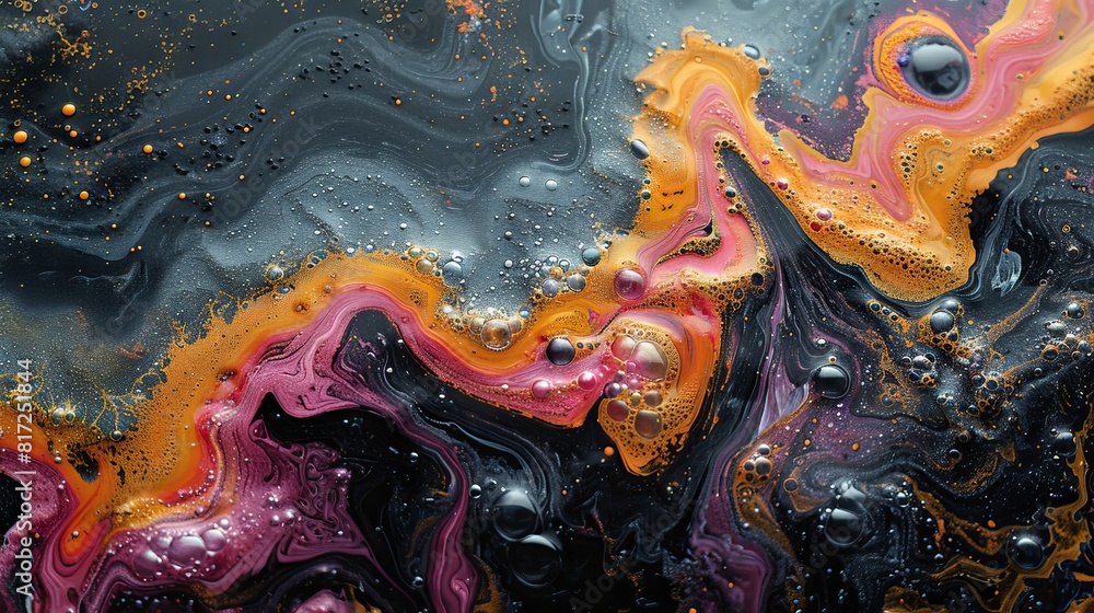 Poster close-up view showcasing intricate abstract patterns formed using ferromagnetic liquid and other che