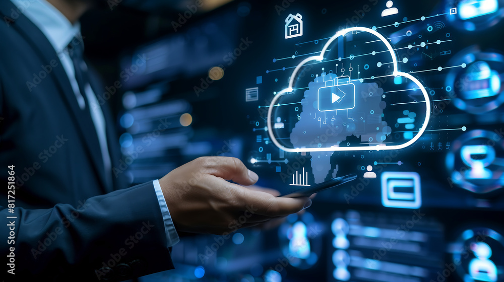 Poster businessman using smartphone and cloud technology icon on virtual screen in data center room concept