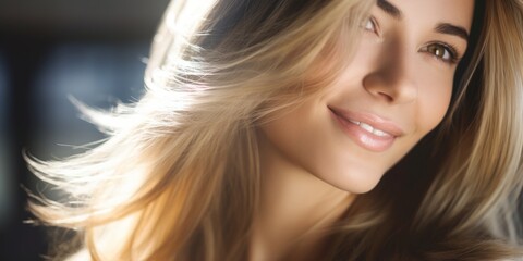 Fototapeta premium Beautiful laughing model girl with long curly hair. Studio shot. Beauty saloon. Selective focus. Generative AI.