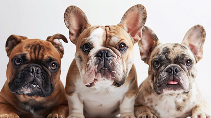 Fototapeta premium Three French Bulldogs. A close-up portrait of three French Bulldogs sitting side by side. They are all facing forward with alert expressions, showcasing their distinct facial features.
