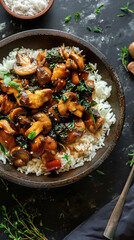 Chicken mushroom stir fry over rice