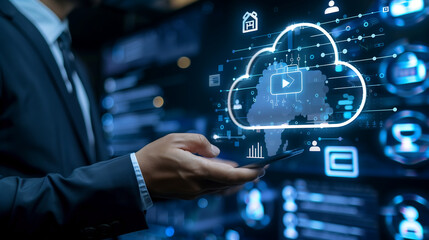 Businessman using smartphone and cloud technology icon on virtual screen in data center room concept of cloud computing, cloud storage