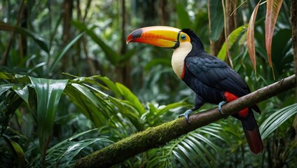 Obraz premium Colorful toucan bird on a tree branch in a lush tropical rainforest