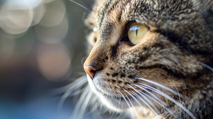 Cat's gaze. A close-up side profile of a cat with its eyes looking intently forward, showcasing the details of its fur, whiskers, and focused expression..