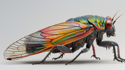 Colorful cicada in a lateral view with copy space