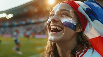 Excited Young French Football Fan Woman Cheering at European Soccer Tournament 2024, Close Up Portrait with French Flag Face Paint in Full Stadium - Summer Sports Enthusiasm