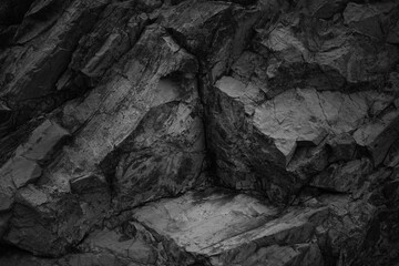 Black white dark gray stone rock granite mountain background. 3d. Niche stage podium stand. Product display. Design. Template. Rough strong strength strong solid hard. Outdoor. Nature.