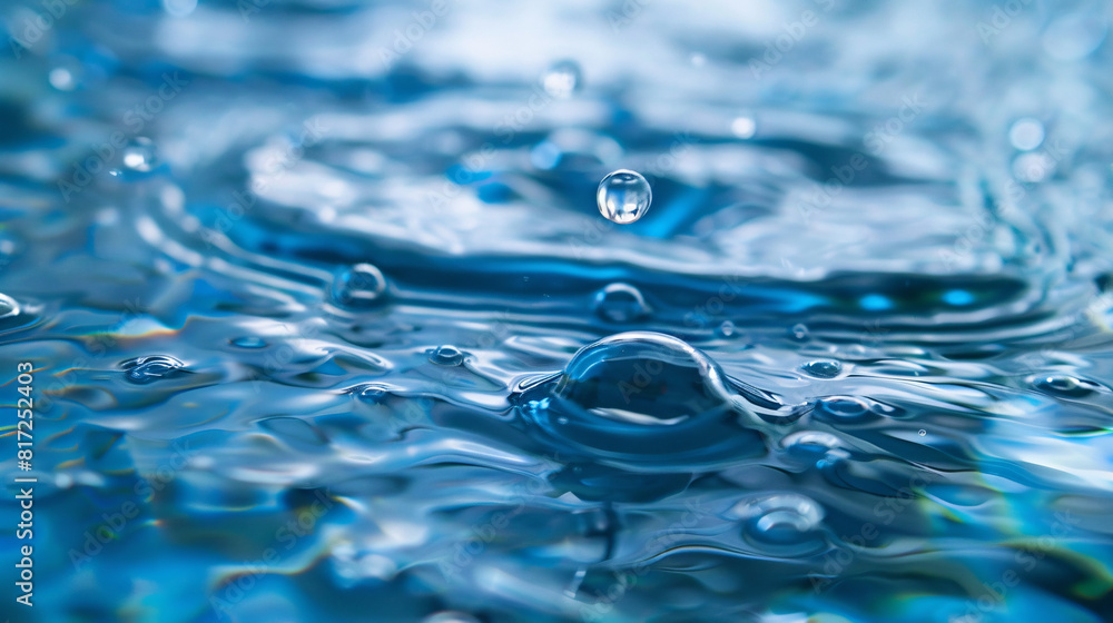 Poster water droplets. a close-up view of water droplets splashing into a pool of blue water, capturing the