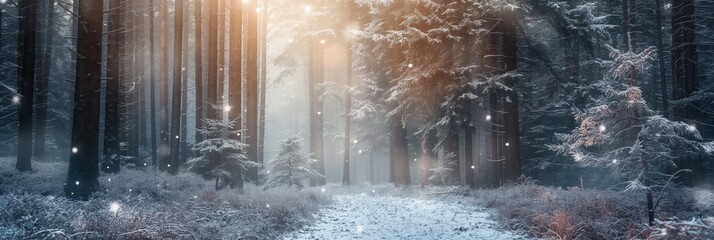 A tranquil winter scene depicting a snow-covered forest path with sunlight filtering through tall pine trees