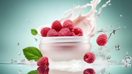 Fresh Raspberries Splashing in Water with Leaves. Vibrant red raspberries splashing into clear water, creating a dynamic and refreshing scene with green leaves accentuating the freshness