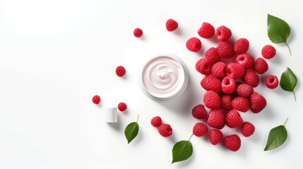 Raspberries with Yogurt and Mint Leaves on White Background. Fresh raspberries in a bowl paired with creamy yogurt and mint leaves, creating a refreshing and healthy snack on a white background