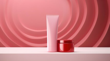 Elegant beauty products in pink and red containers displayed against a modern, layered pink background, showcasing simplicity and style, mockup