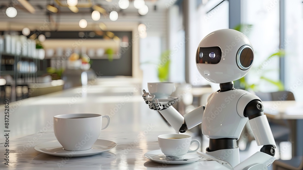Poster conceptual illustration showcasing the automation of a restaurant with a 3d-rendered waiter robot se