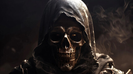 Grim reaper. A detailed portrait of a grim reaper with a hooded cloak, dark background, and glowing eyes, creating an eerie and ominous atmosphere..