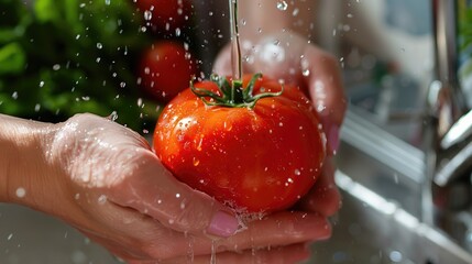 A close-up photo of a man can have a tomato in the sink. The tomato is wet, dripping with water
