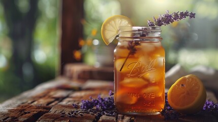A mason jar filled with homemade iced tea, garnished with a slice of lemon and a sprig of lavender, sitting on a rustic wooden surface. - Powered by Adobe