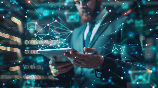  Businessman using a tablet and showing a hologram network connection in a data center, depicting a digital technology concept for online business, virtual social media marketing