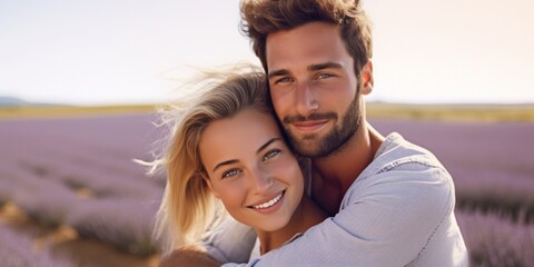 A young couple hugs in a lavender field. Family posing in nature. Generative AI.