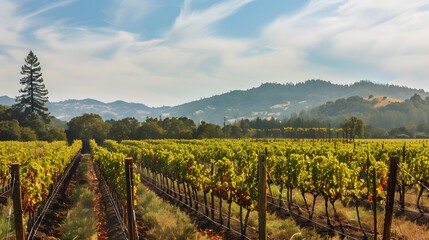 Naklejka premium A picturesque vineyard with rows of grapevines stretching into the distance