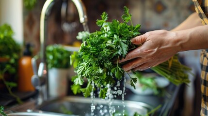Photo a woman washing parsley in the sink. The greens are washed under running water