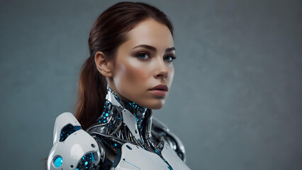 Beautiful woman cyborg looking to camera