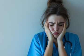Exhausted nurse with hands on face