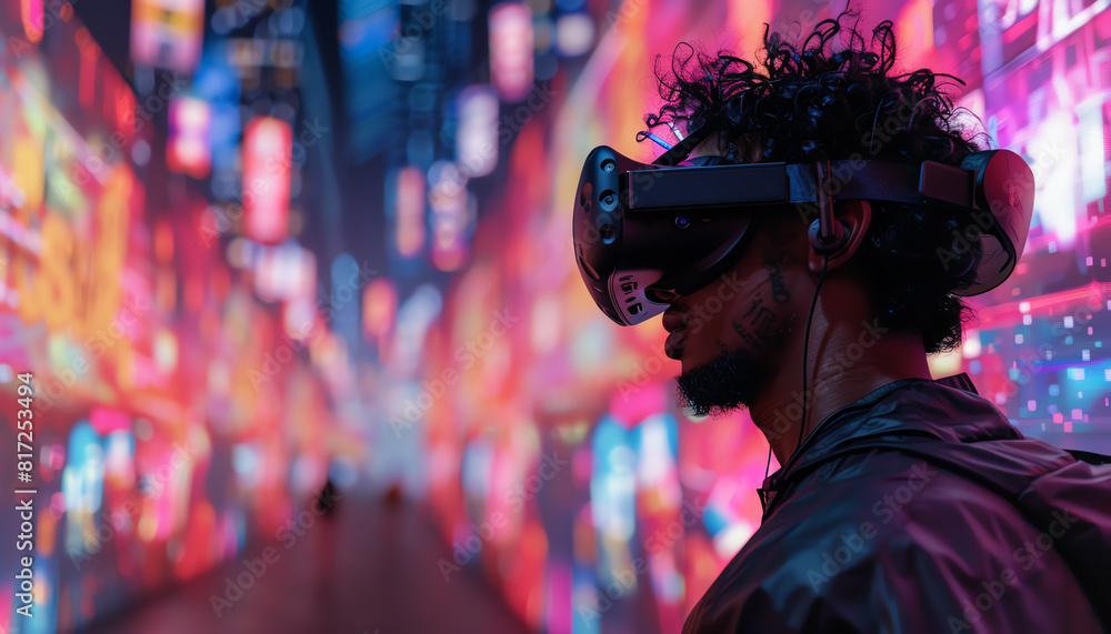 Poster merge the dynamic world of street art with the futuristic realm of virtual reality using unexpected 