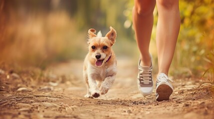 Photo of a woman and a jack russell terrier dog jogging in the park, blurred background