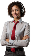 Portrait of a happy call center black woman arms crossed isolated on a transparent background for consulting. Smile, customer support or service career with a young employee on PNG for telemarketing	
