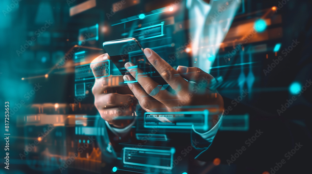 Poster businessman's hand using a smartphone with hologram virtual data, network, and application icons on 