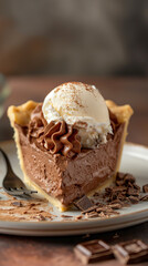 Chocolate pie with ice cream and copy space