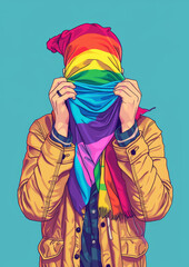 Man holding a scarf in lgbt colors over the head, drawing comic, Pride Month