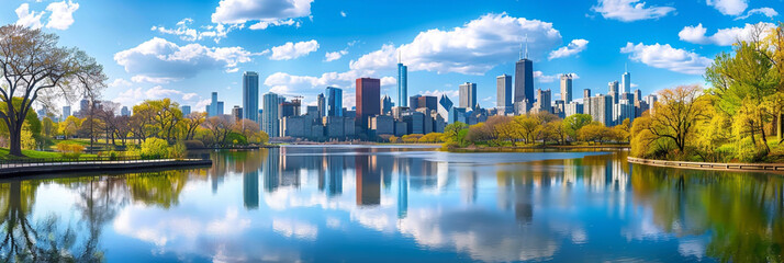 Chicago's vibrant skyline and azure skies reflect in the springtime lake - Powered by Adobe
