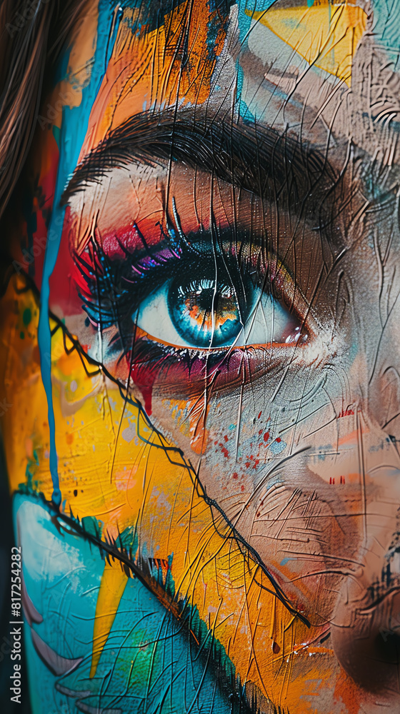 Aufkleber capture the vibrancy of street art through a low-angle view showcasing bold colors and intricate det