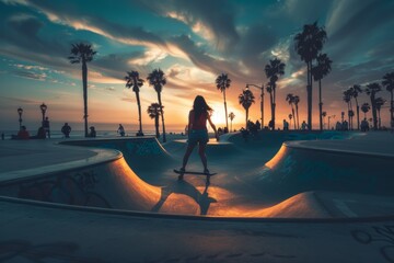 young skater woman skateboarding at ramp at skate park near the beach with palm trees in summer at sunset, vintage film photo style
