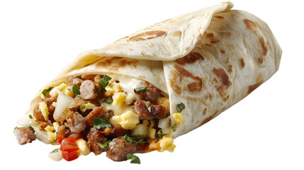  A breakfast burrito brimming with eggs, sausage, and potatoes, sliced in half to reveal its contents, transparent background