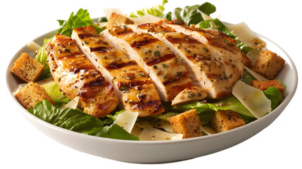  A bowl of Caesar salad with grilled chicken slices, romaine lettuce, croutons, and parmesan, transparent background