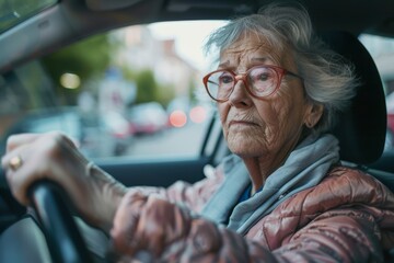 senior woman driving a car closeup portrait. Medical test,  aging and continuing driving an automobile problem. Elderly drivers social issue.