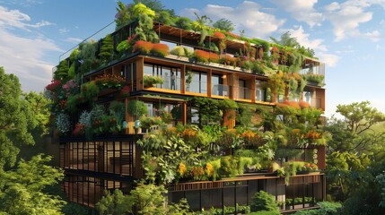 A panoramic view of a modern eco-office building with a rooftop garden overflowing with colorful flowers and lush greenery.