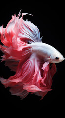 White betta fish with red tail swimming in aquarium.