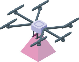 3d isometric illustration of a drone flying with a pink package