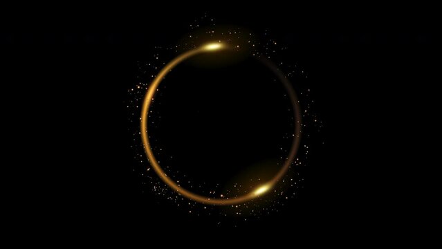 Neon light trail circle on black background. Endless circular pattern.Glitter magic spell effect. Light streaks with shimmer. Modern round frame with empty space for text for advertising, banner