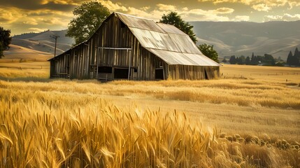 Obraz premium A rustic country barn surrounded by fields of golden wheat