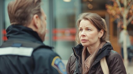 A concerned woman discussing a matter with a uniformed police officer outdoors, showcasing an interaction between a citizen and law enforcement