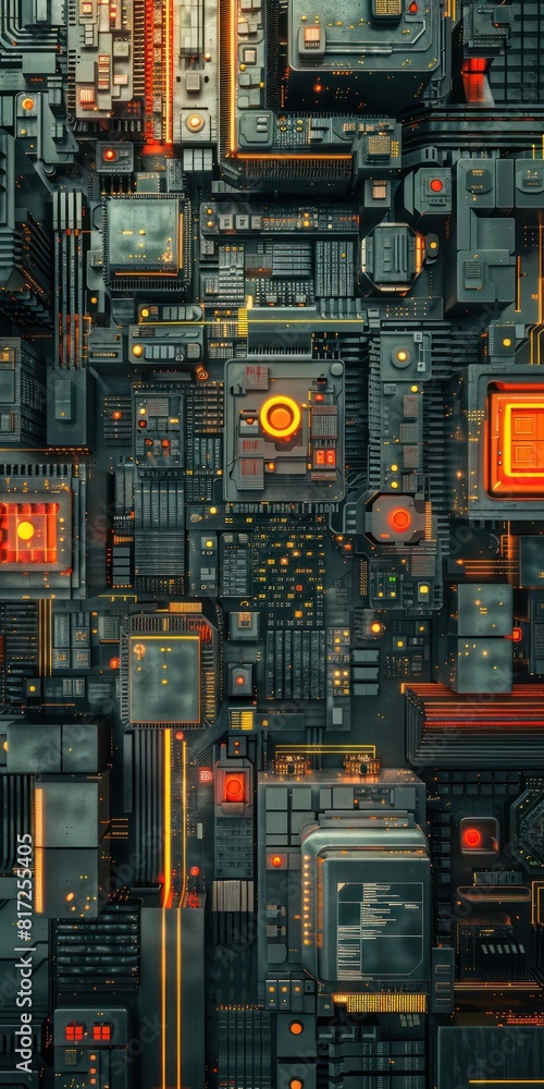 Poster circuit board with electronic components. 3d rendering.