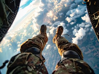 First-person view of a military parachutist exiting an aircraft, captured through a helmet camera