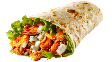  A Buffalo chicken wrap bursting with spicy buffalo chicken, lettuce, and blue cheese crumbles, with a drizzle of ranch dressing, transparent background